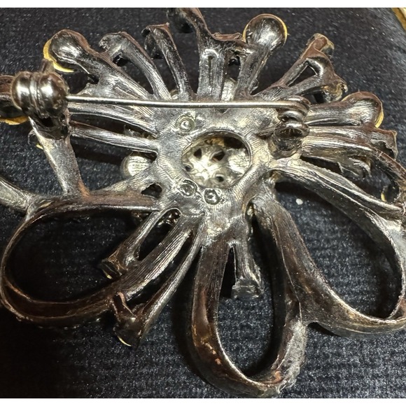 Vintage Rhinestone Starburst Flower Statement Brooch Black Champagne - Picture 12 of 14